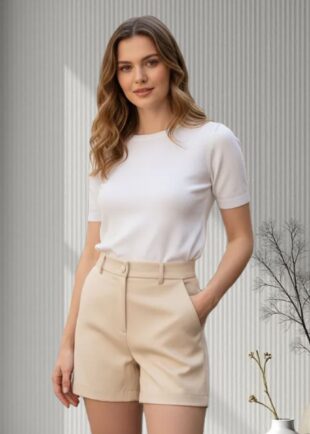 short feminino social bege alfaiataria moda